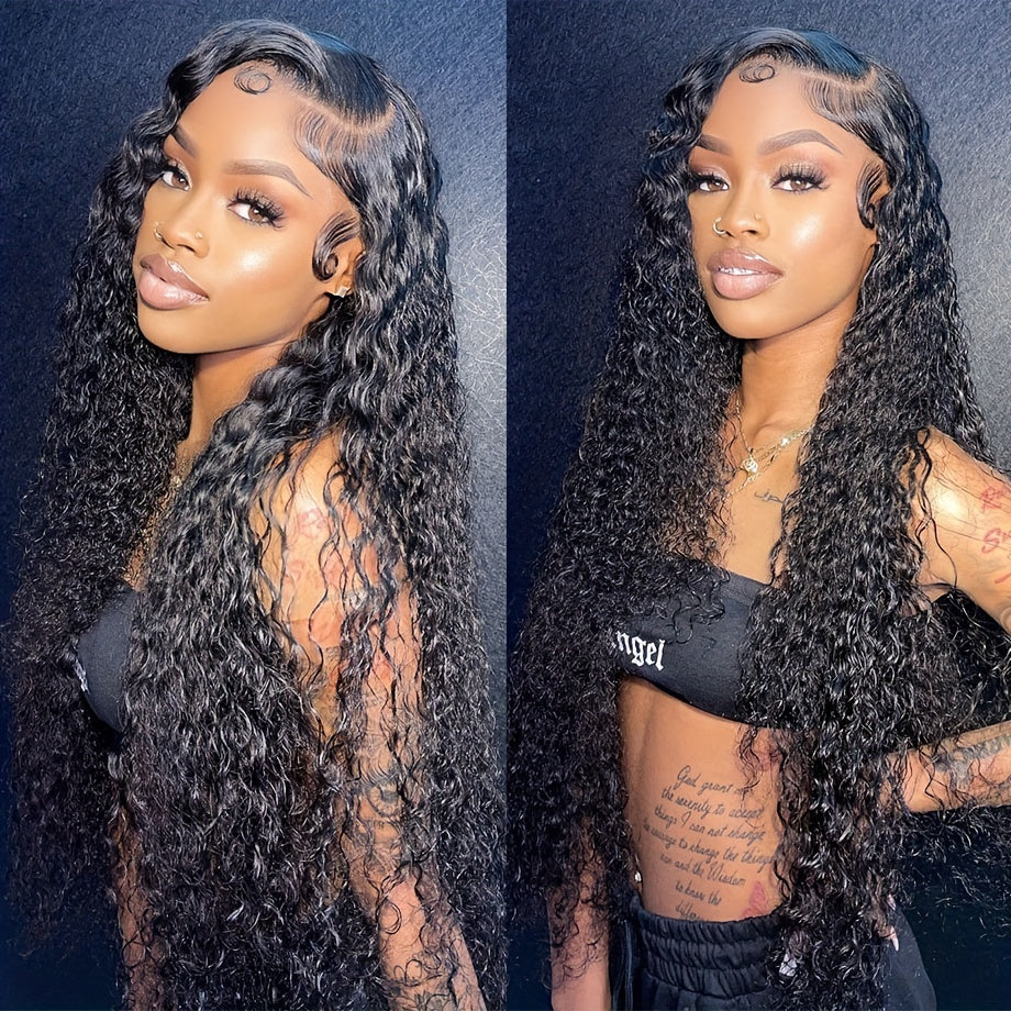 13x4 Deep Curly Lace Front Wig - 180% Density Wet Wavy Human Hair Wig with Baby Hair - Pre-Plucked Brazilian Virgin Hair - Natural Black Color