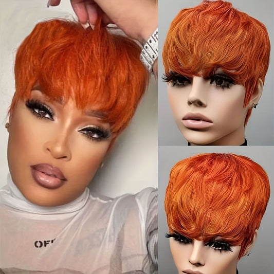 Ginger Orange Short Peruvian Hair Wig With Bangs Orange Color Full Machine Made Wig Short Human Hair Wigs Pixie Cut Wig