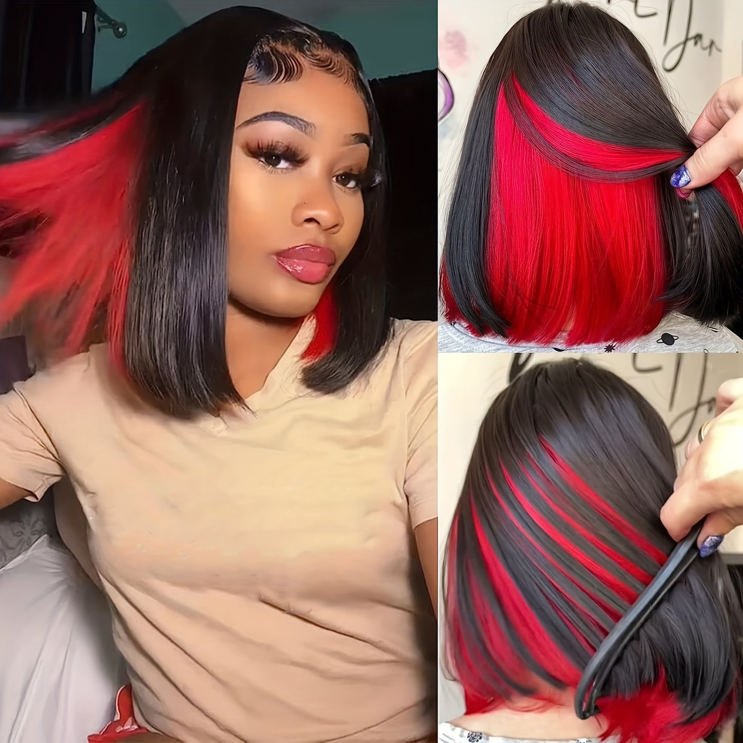 Synthetic Hair Straight Bob Wig 10 Inch Shoulder Length Black With Red Highlights Wig For Women Blunt Cut Bob Lace Front Wig Short Bob Wigs For Daily Party Use