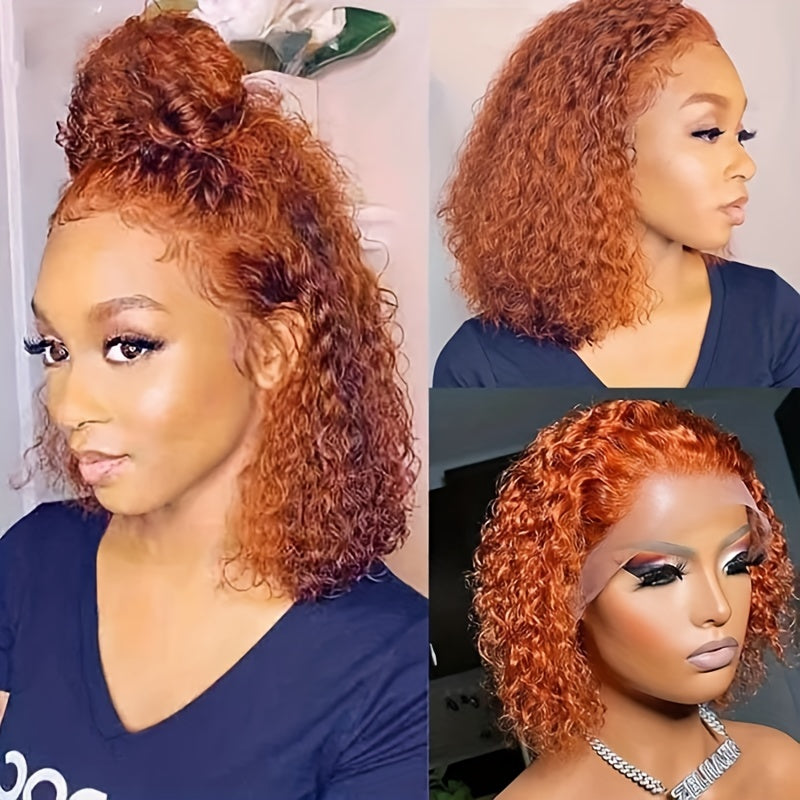 Ginger Orange Color Short Curly Wavy 13x4 Lace Frontal Bob Wigs 180% Density Human Hair Wigs Pre Pluck With Baby Hair For Women