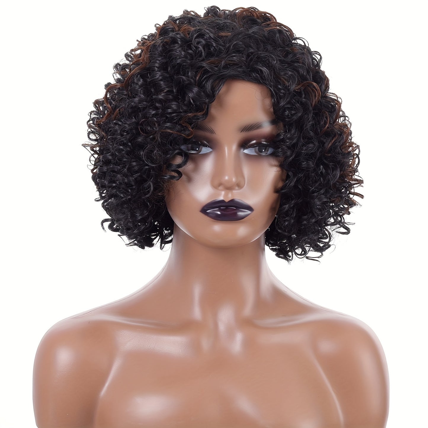 12 Inch Brown Black Mixed Short Curly Hair Wigs Synthetic Fiber Hair Replacement Wigs Heat Resistant Fiber Wigs For Women