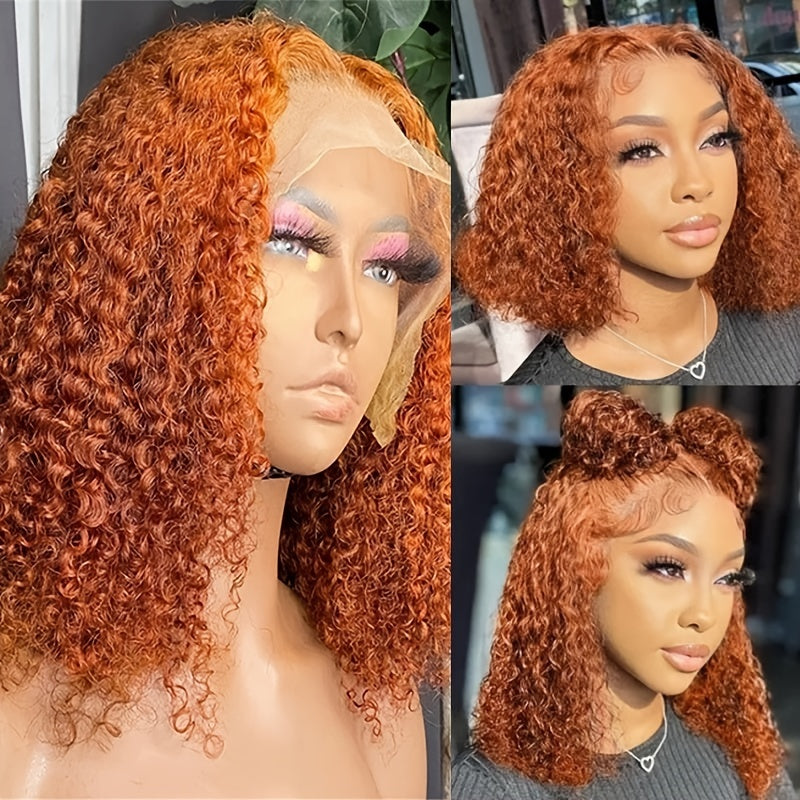 Ginger Orange Color Short Curly Wavy 13x4 Lace Frontal Bob Wigs 180% Density Human Hair Wigs Pre Pluck With Baby Hair For Women