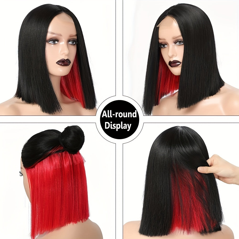 Synthetic Hair Straight Bob Wig 10 Inch Shoulder Length Black With Red Highlights Wig For Women Blunt Cut Bob Lace Front Wig Short Bob Wigs For Daily Party Use