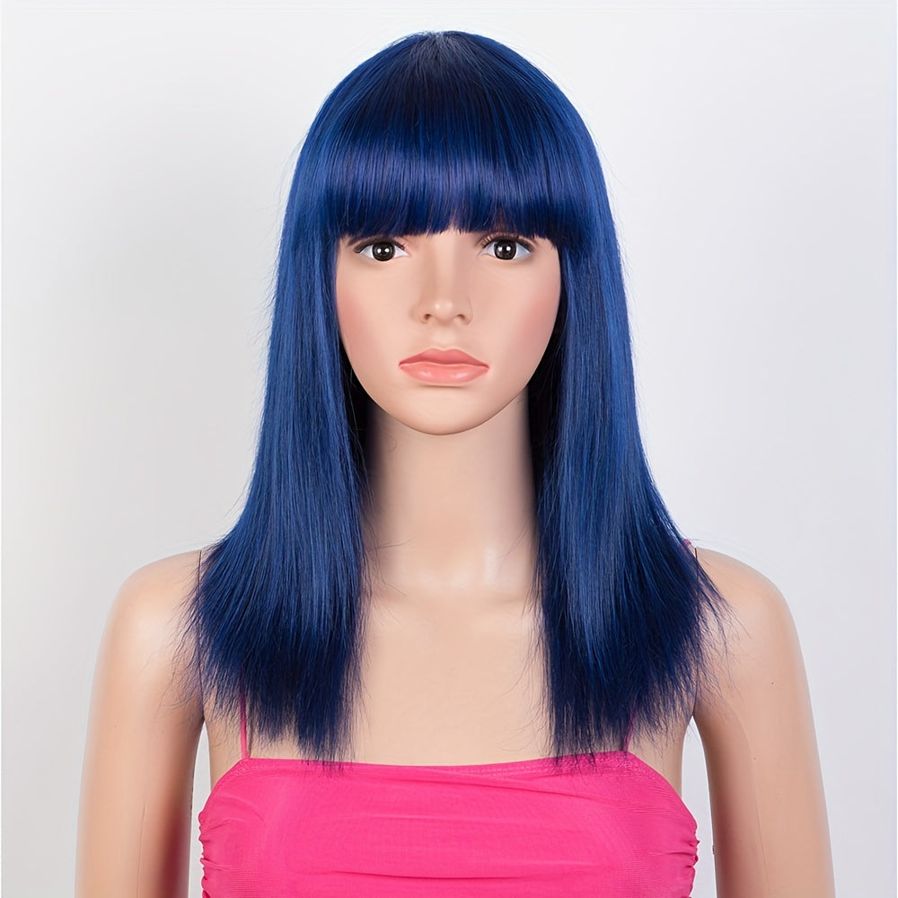 Royal Blue Straight Human Hair Wigs For Women 150 Density Brazilian Human Hair Wig With Bangs