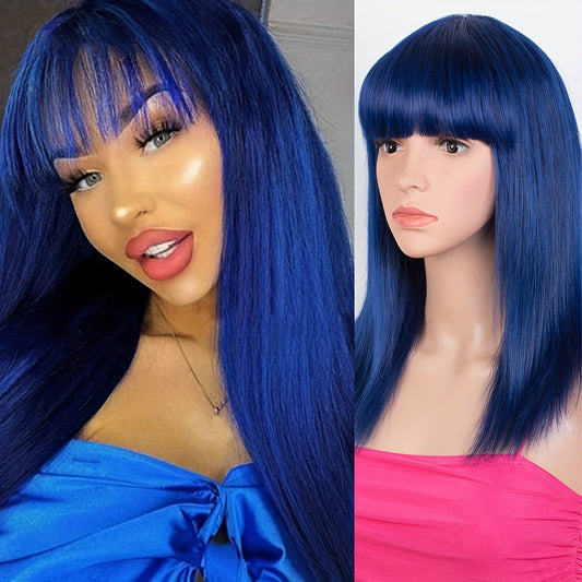 Royal Blue Straight Human Hair Wigs For Women 150 Density Brazilian Human Hair Wig With Bangs