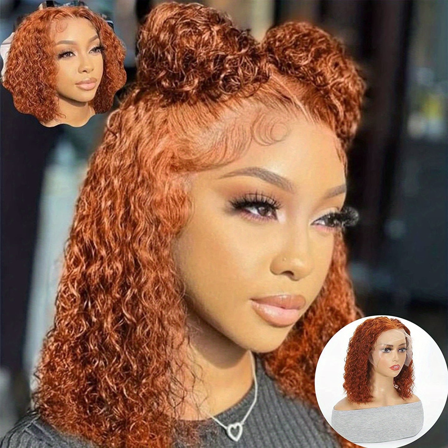 Ginger Orange Color Short Curly Wavy 13x4 Lace Frontal Bob Wigs 180% Density Human Hair Wigs Pre Pluck With Baby Hair For Women