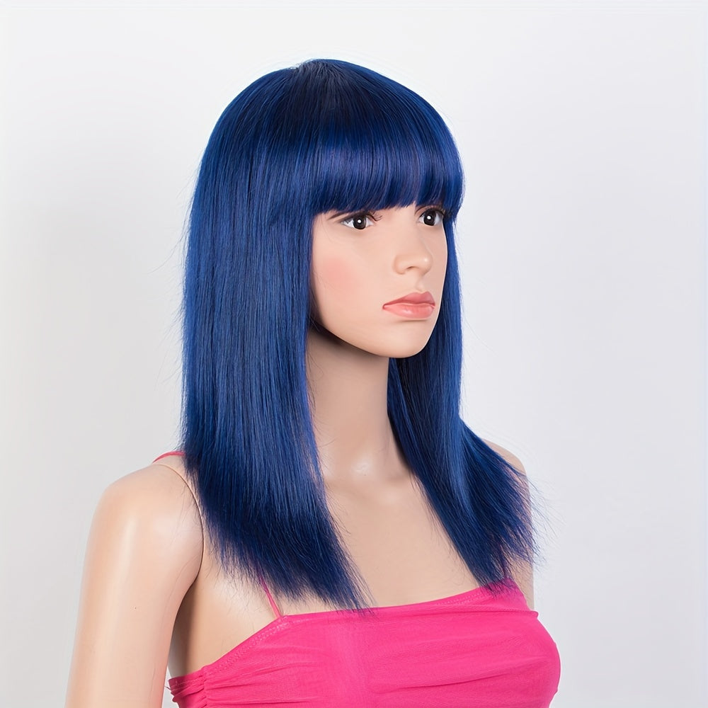 Royal Blue Straight Human Hair Wigs For Women 150 Density Brazilian Human Hair Wig With Bangs