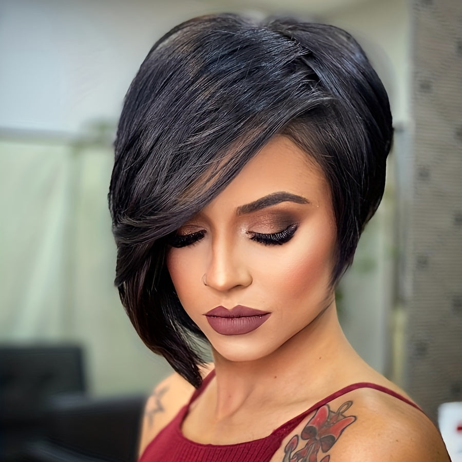 Short Pixie Cut Wig With Side Bangs For Women 180% Density Synthetic Wig Beginners Friendly Heat Resistant