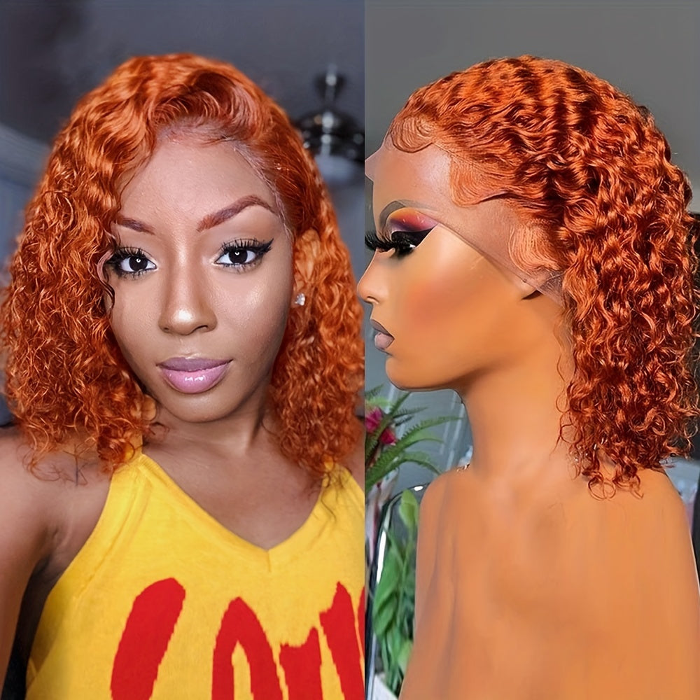 Ginger Orange Color Short Curly Wavy 13x4 Lace Frontal Bob Wigs 180% Density Human Hair Wigs Pre Pluck With Baby Hair For Women