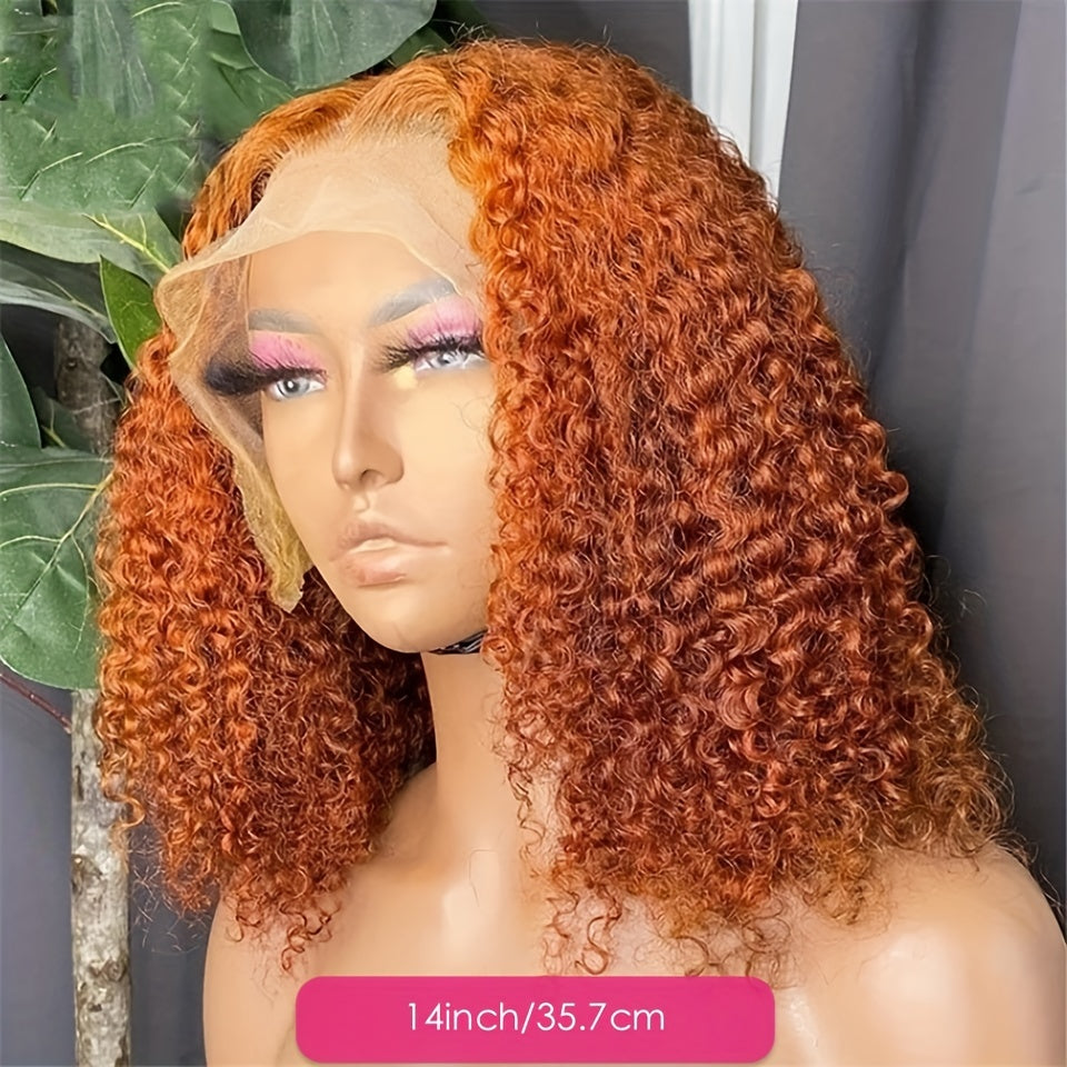 Ginger Orange Color Short Curly Wavy 13x4 Lace Frontal Bob Wigs 180% Density Human Hair Wigs Pre Pluck With Baby Hair For Women