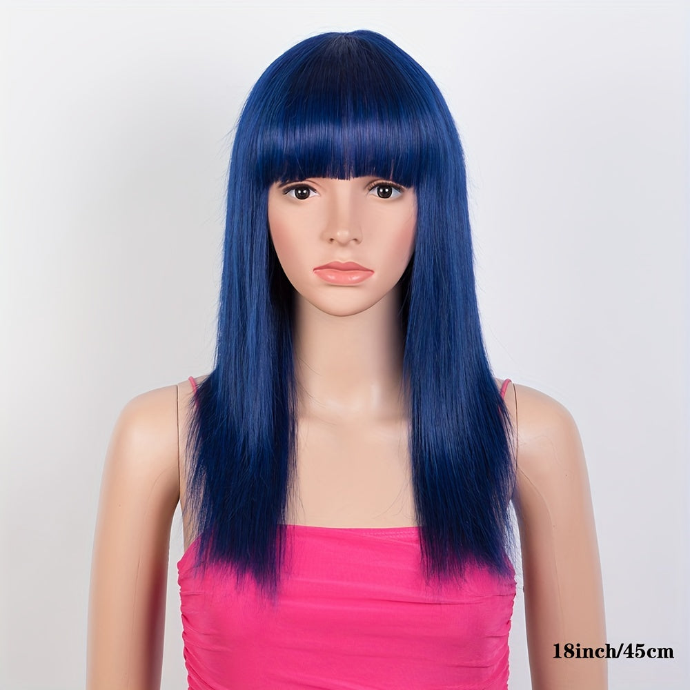 Royal Blue Straight Human Hair Wigs For Women 150 Density Brazilian Human Hair Wig With Bangs