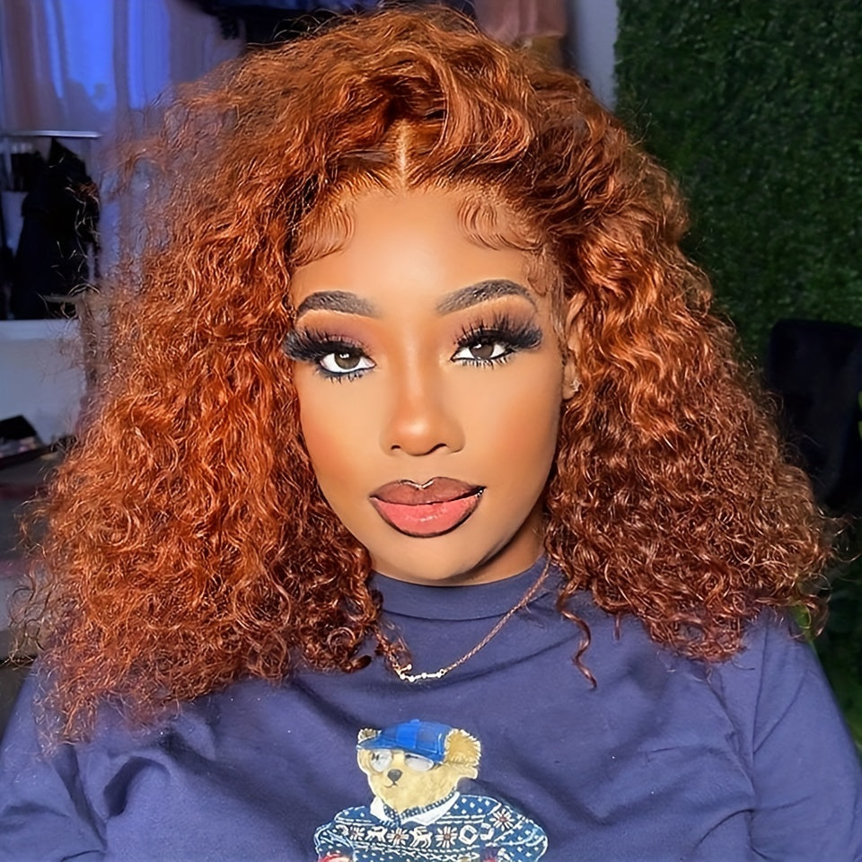 Ginger Orange Color Short Curly Wavy 13x4 Lace Frontal Bob Wigs 180% Density Human Hair Wigs Pre Pluck With Baby Hair For Women