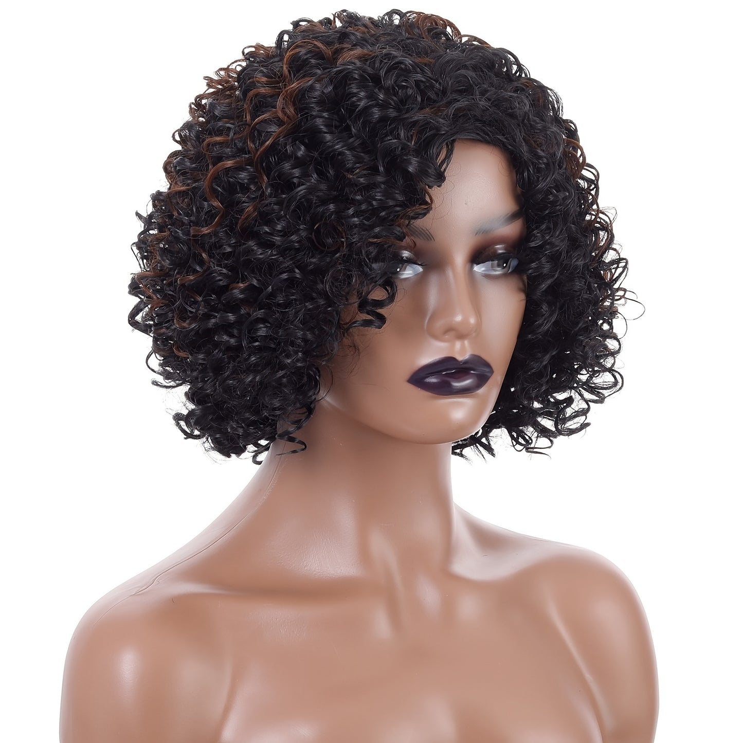 12 Inch Brown Black Mixed Short Curly Hair Wigs Synthetic Fiber Hair Replacement Wigs Heat Resistant Fiber Wigs For Women