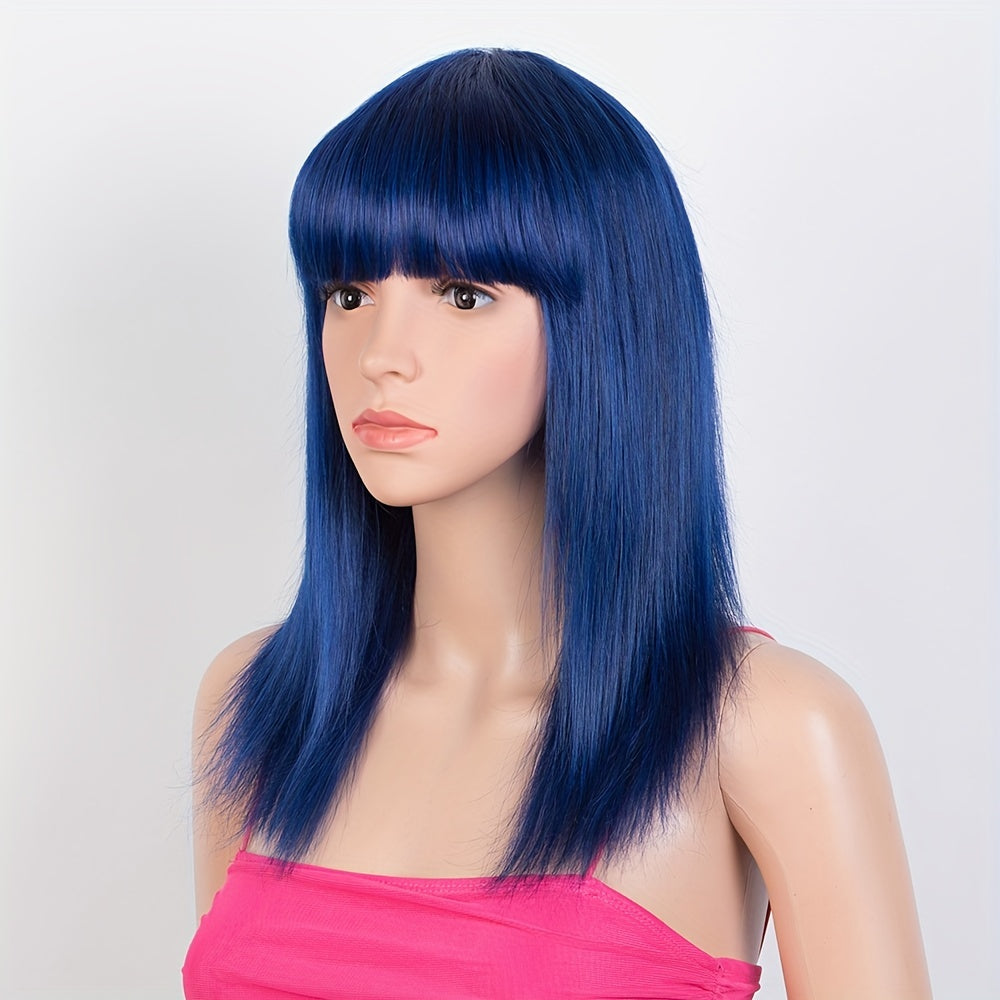 Royal Blue Straight Human Hair Wigs For Women 150 Density Brazilian Human Hair Wig With Bangs