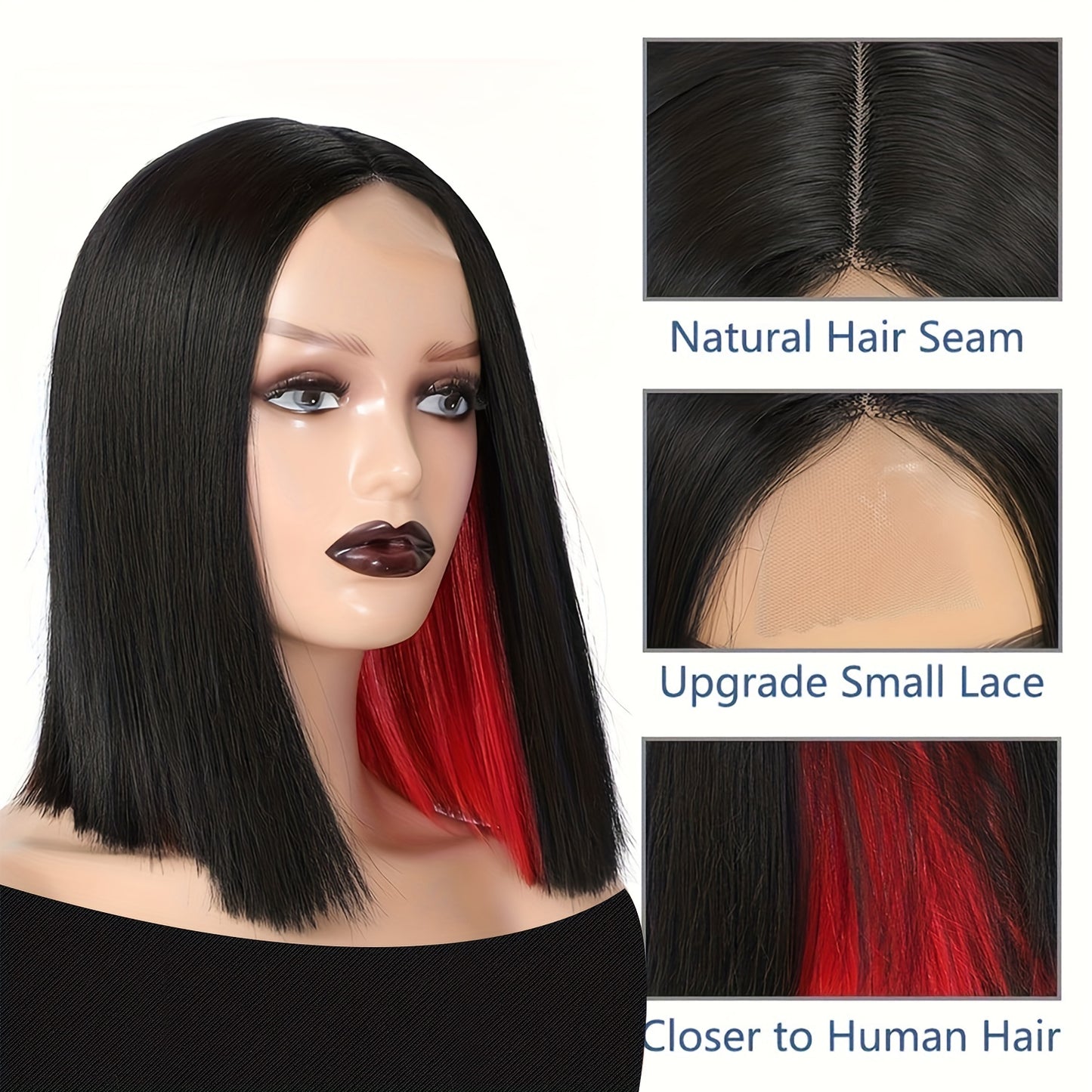 Synthetic Hair Straight Bob Wig 10 Inch Shoulder Length Black With Red Highlights Wig For Women Blunt Cut Bob Lace Front Wig Short Bob Wigs For Daily Party Use