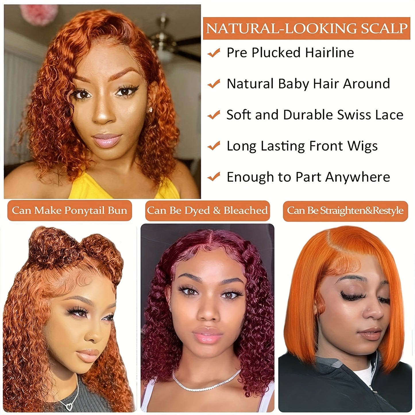 Ginger Orange Color Short Curly Wavy 13x4 Lace Frontal Bob Wigs 180% Density Human Hair Wigs Pre Pluck With Baby Hair For Women