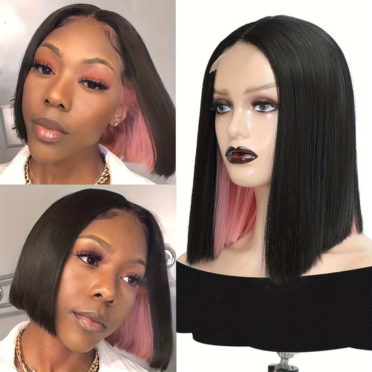 Synthetic Hair Straight Bob Wig 10 Inch Shoulder Length Black With Red Highlights Wig For Women Blunt Cut Bob Lace Front Wig Short Bob Wigs For Daily Party Use