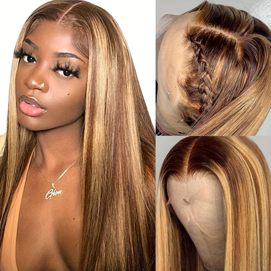 Highlight Ombre Lace Front Human Hair Wigs 13x4 Straight 4/27 Honey Blonde Lace Front Wigs Human Hair Pre Plucked 180% Density Lace Front Wigs For Women 28 30Inch