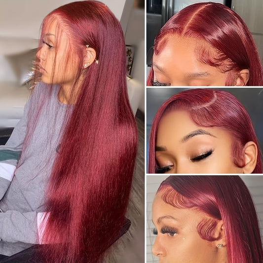 13x4 HD Straight Lace Front Wigs Human Hair 99J Burgundy Colored Lace Front Human Hair Wigs Pre Plucked Wine Red Wigs For Women Human Hair Straight Red Lace Front Wigs With Baby Hair 180% Density 100% Virgin Human Hair Wigs For Women