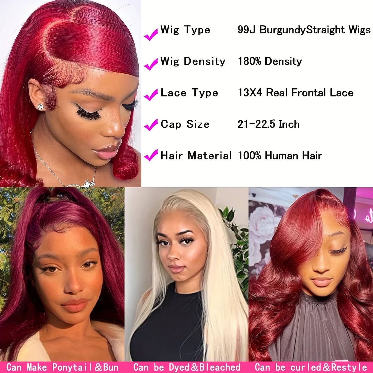 13x4 HD Straight Lace Front Wigs Human Hair 99J Burgundy Colored Lace Front Human Hair Wigs Pre Plucked Wine Red Wigs For Women Human Hair Straight Red Lace Front Wigs With Baby Hair 180% Density 100% Virgin Human Hair Wigs For Women