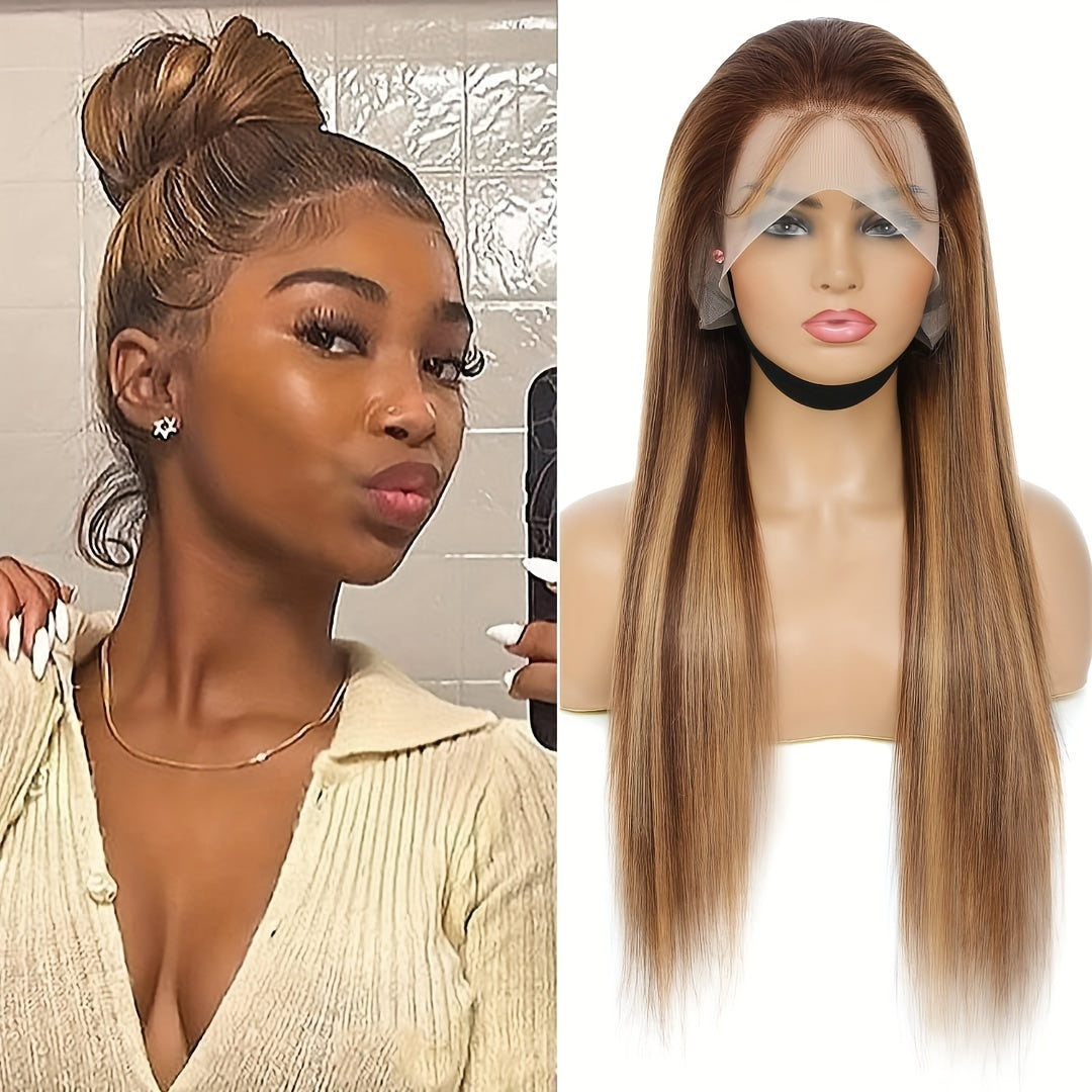 Highlight Ombre Lace Front Human Hair Wigs 13x4 Straight 4/27 Honey Blonde Lace Front Wigs Human Hair Pre Plucked 180% Density Lace Front Wigs For Women 28 30Inch