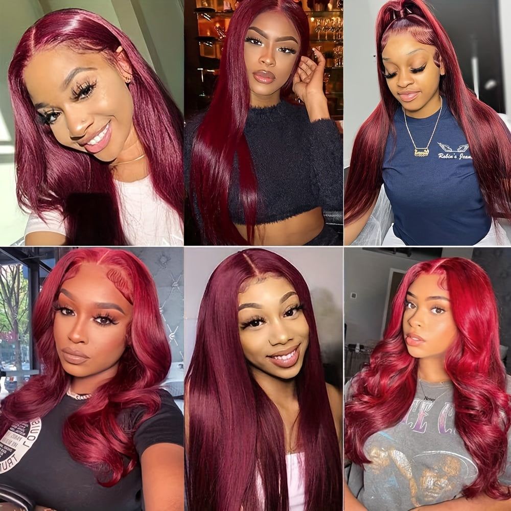 13x4 HD Straight Lace Front Wigs Human Hair 99J Burgundy Colored Lace Front Human Hair Wigs Pre Plucked Wine Red Wigs For Women Human Hair Straight Red Lace Front Wigs With Baby Hair 180% Density 100% Virgin Human Hair Wigs For Women