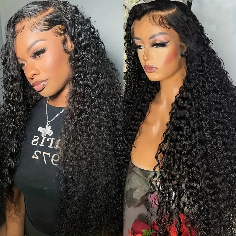 13x4 Deep Curly Lace Front Wig - 180% Density Wet Wavy Human Hair Wig with Baby Hair - Pre-Plucked Brazilian Virgin Hair - Natural Black Color