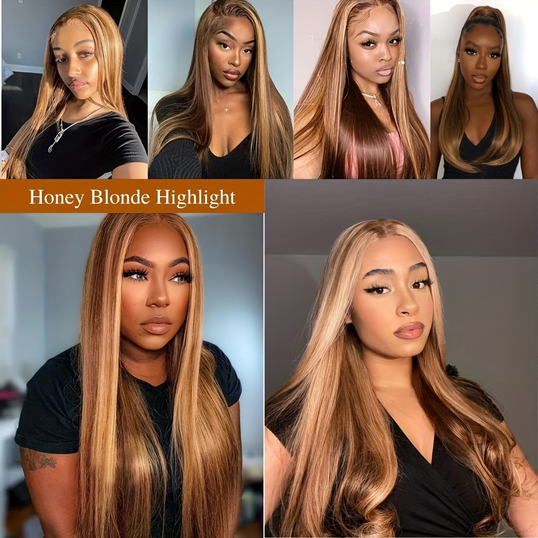 Highlight Ombre Lace Front Human Hair Wigs 13x4 Straight 4/27 Honey Blonde Lace Front Wigs Human Hair Pre Plucked 180% Density Lace Front Wigs For Women 28 30Inch