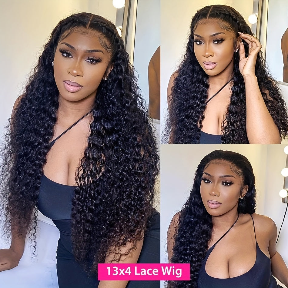 13x4 Deep Curly Lace Front Wig - 180% Density Wet Wavy Human Hair Wig with Baby Hair - Pre-Plucked Brazilian Virgin Hair - Natural Black Color